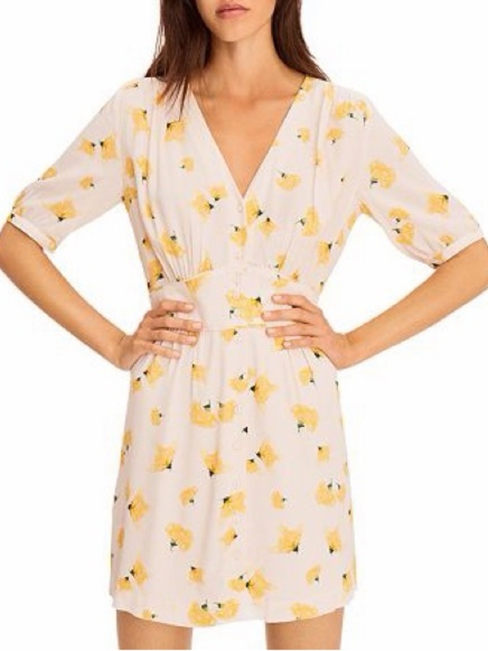 ba&sh Pink Floral V-Neck Mini Dress with Yellow Print